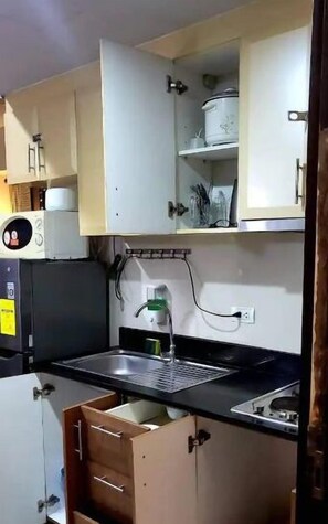 Fridge, microwave, oven, cookware/dishes/utensils