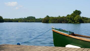 A wooden dock extending into calm water with a green boat tied to it.