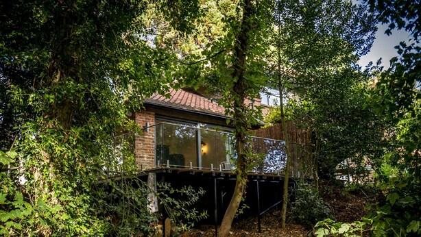 Una casa con un porche de cristal, rodeada de abundante vegetación.