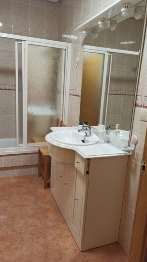 Bathtub, hair dryer, bidet, towels