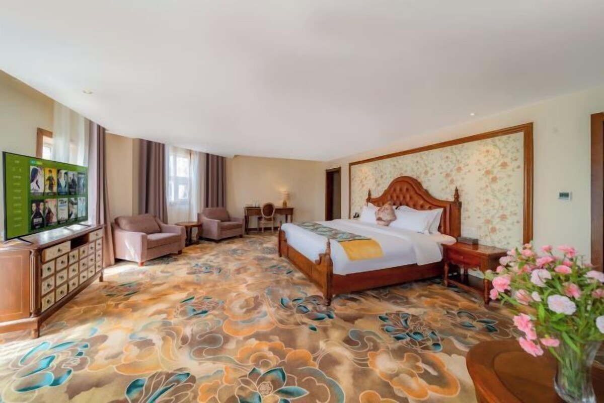 Una habitación de hotel con una cama, televisor, escritorio, silla y una alfombra decorativa.