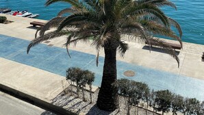 Una marina con numerosi velieri ormeggiati, una palma sullo sfondo e un cielo azzurro e terso.