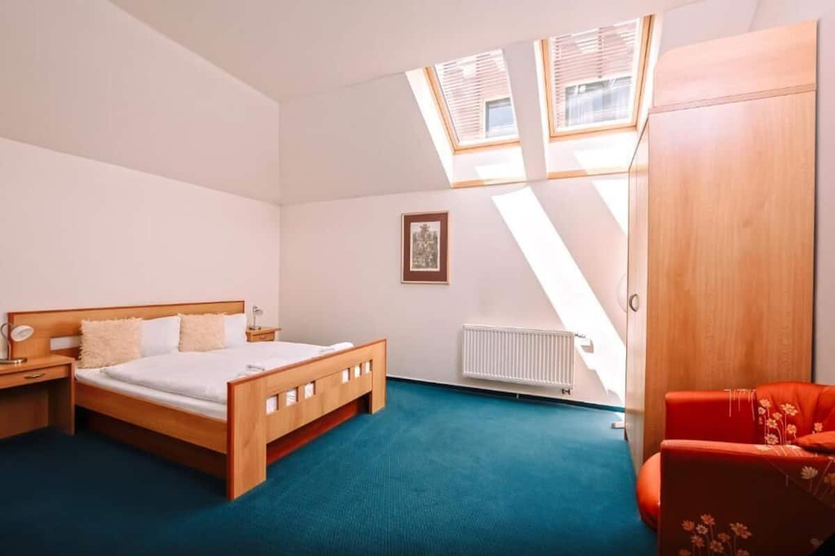 A bedroom with a wooden bed, a red chair, a radiator, and skylights.