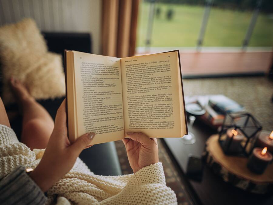 A person reading a book in a cozy room with a view of a green landscape through a window.