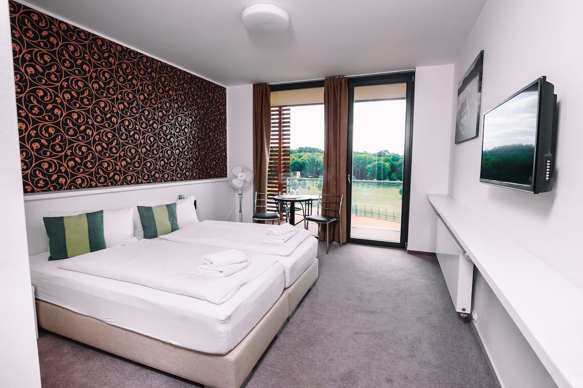 A hotel room with a large bed, a desk, a chair, a TV, and a balcony with a view of greenery.