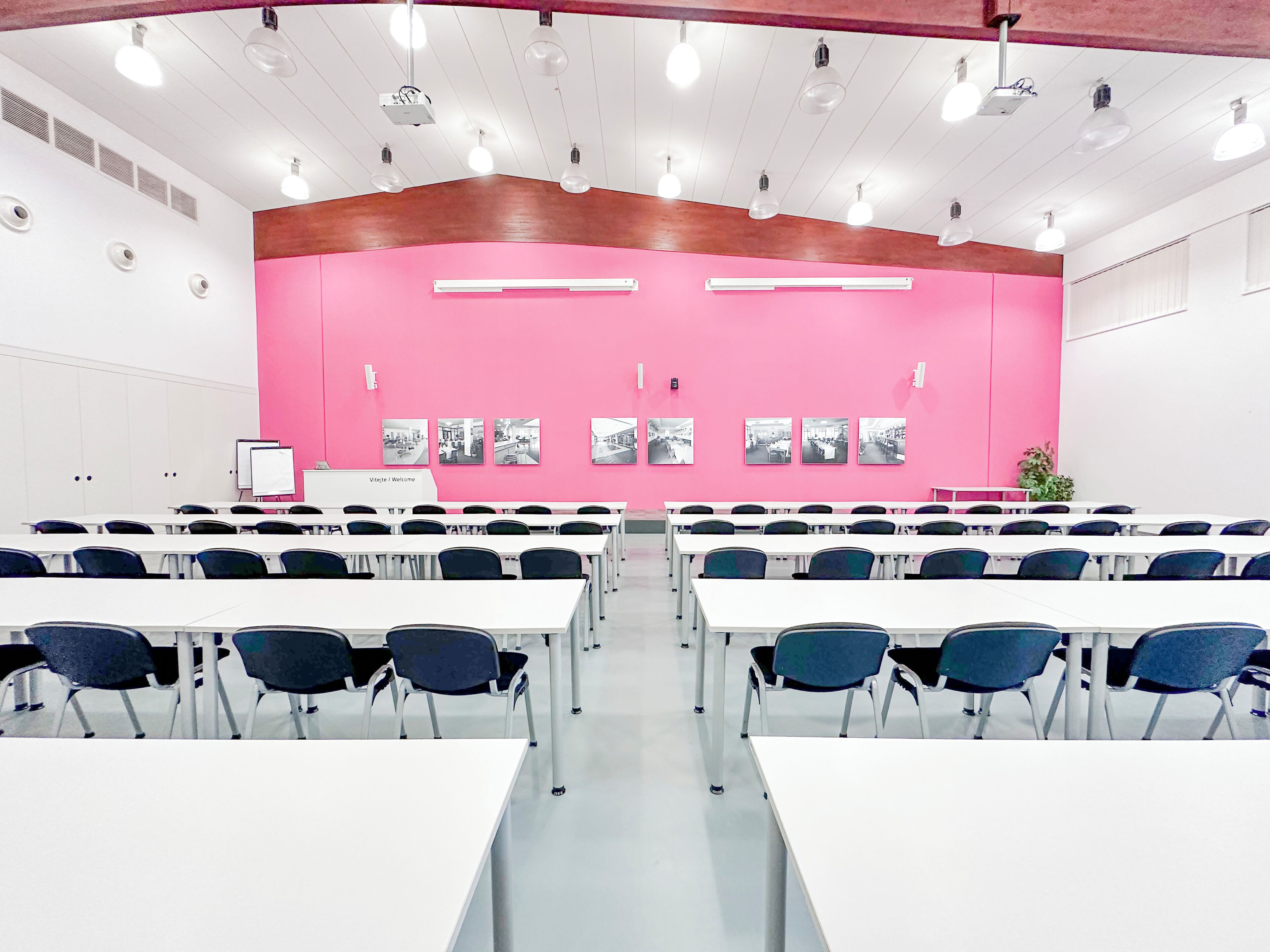 Sala de conferência com mesas brancas e cadeiras azuis, parede rosa com fotografias a preto e branco e luminárias no teto.