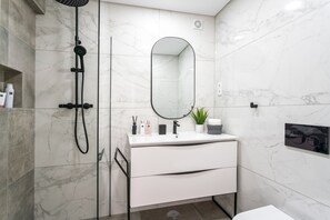 Shower, hair dryer, towels, soap