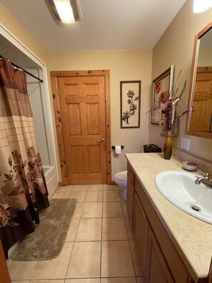 Combined shower/bathtub, hair dryer, towels