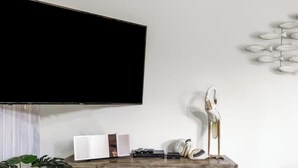 Un televisor de pantalla plana montado en la pared, un adorno blanco en la pared y una mesa de madera con una planta, libros y dispositivos electrónicos.