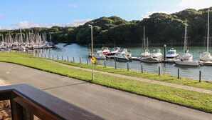 Un porto turistico con barche ormeggiate lungo la riva, una zona erbosa in primo piano e un cielo sereno.