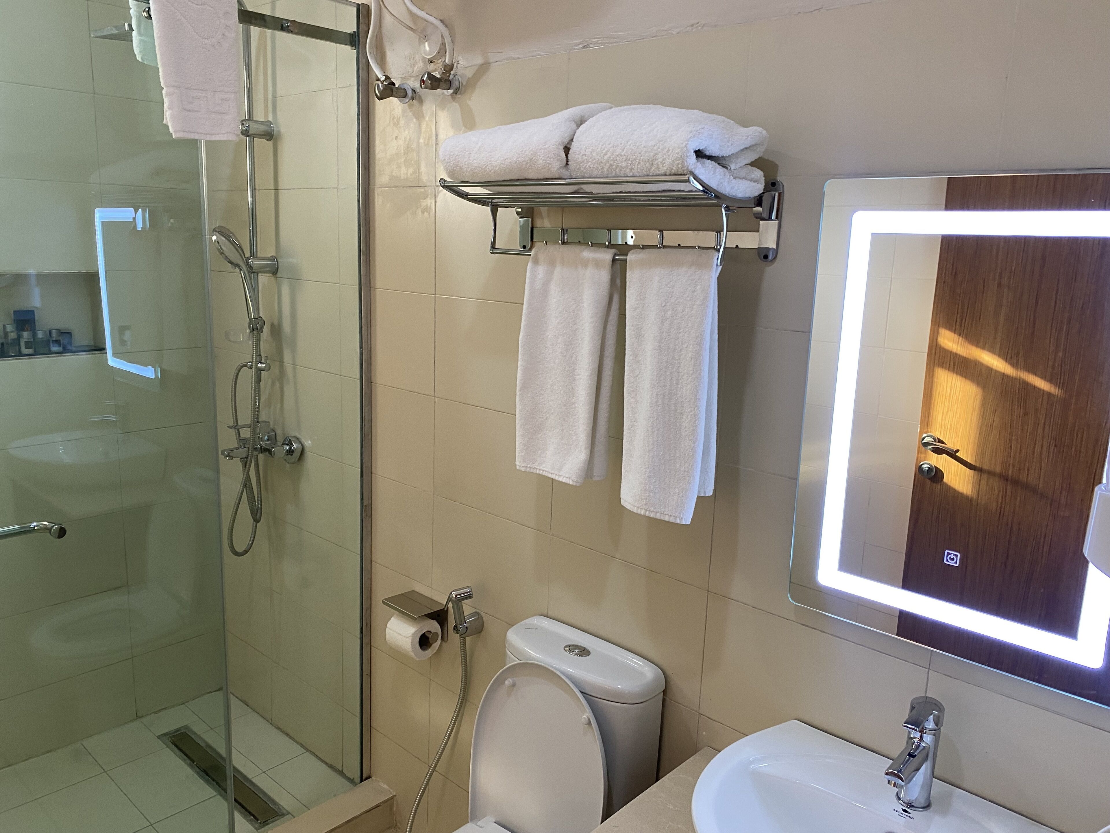 A modern bathroom with a glass shower enclosure, a toilet, a sink, and a mirror with a light.