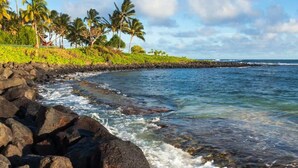 A coastal landscape with a rocky shoreline, palm trees, and clear blue sky. - Pili Mai 7E - Top Floor 3 - Bed Suite On Golf Course - AC, Pool & Fitness Center (Koloa)