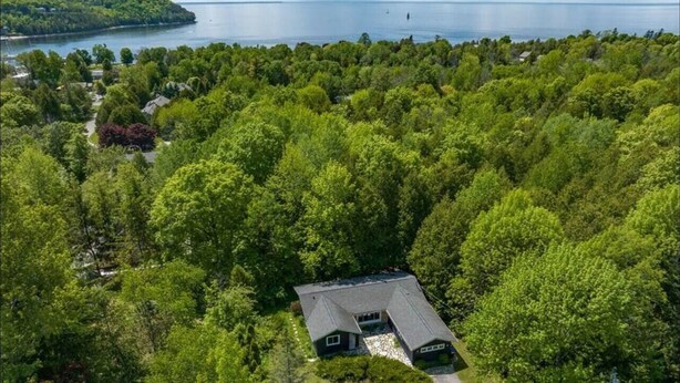 Une vue aérienne d’une maison entourée d’une forêt dense, avec un chemin dégagé menant à l’entrée.