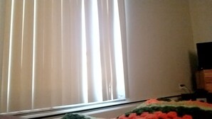 A room with a window covered by blinds, a television on a wooden stand, and a colorful blanket on the floor. - GREAT PLACE TO STAY AT (Edmonton)