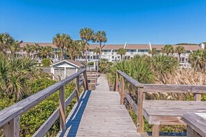 Walk along the boardwalk to our beachfront hotel, surrounded by lush greenery and tropical plants.