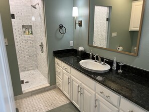 Douche, sèche-cheveux, serviettes fournies, savon