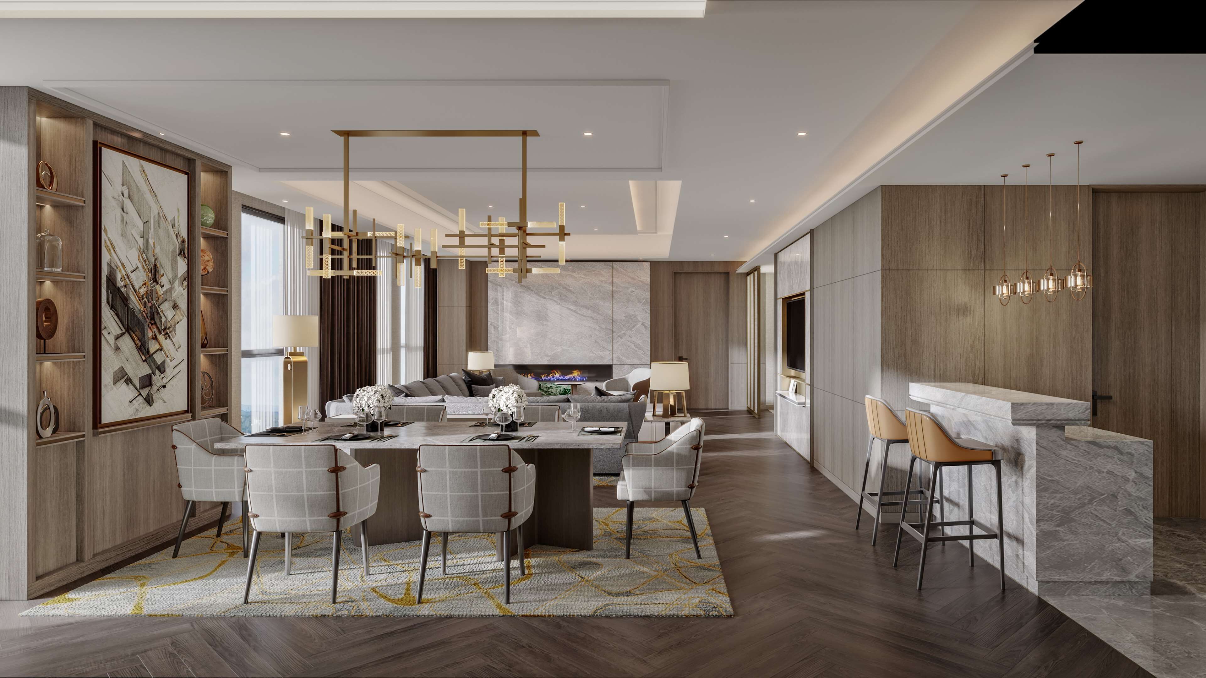 Una cocina moderna con una isla central, asientos tipo barra y una zona de comedor con un cuadro grande en la pared.