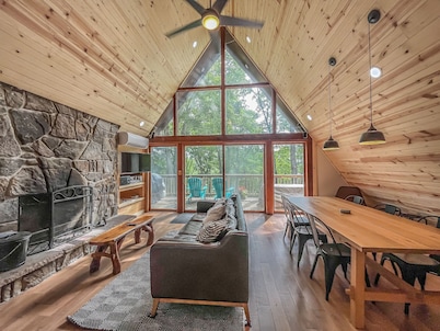 New Construction! Modern Lakefront A-Frame with Hot Tub + Fire Pit