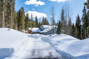 A snow-covered landscape with a house surrounded by tall pine trees.