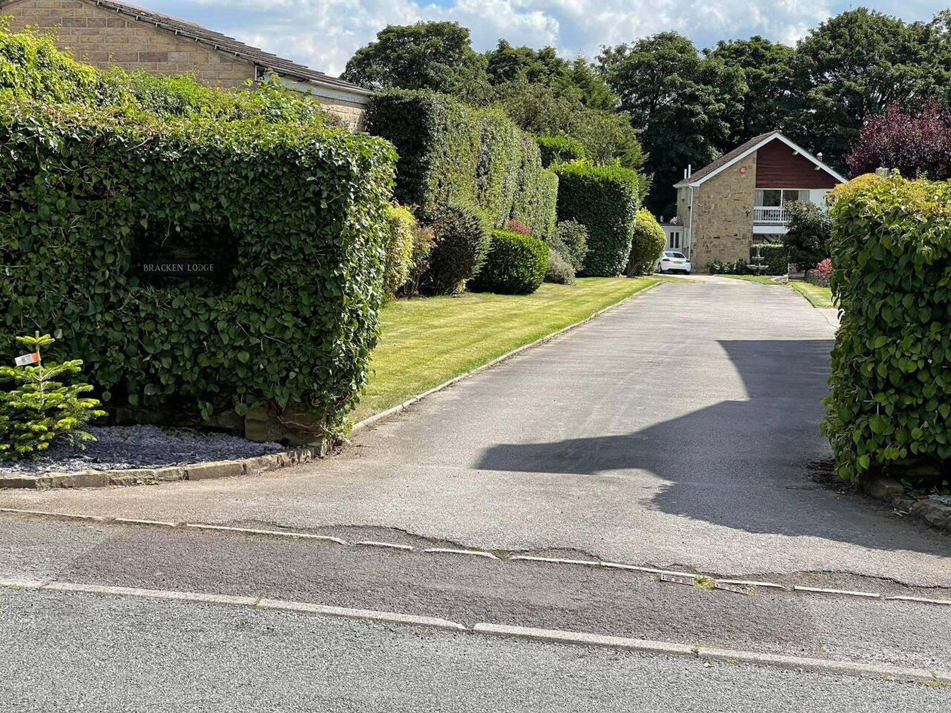 Eine Wohnstraße mit einer gepflegten Hecke, auf der 