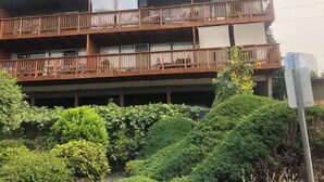 A multi-story building with balconies, surrounded by greenery.