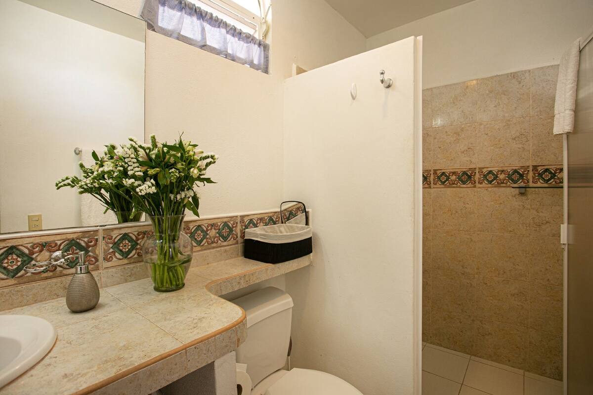 Une salle de bain équipée d’un lavabo, d’un miroir, de toilettes et d’une douche.