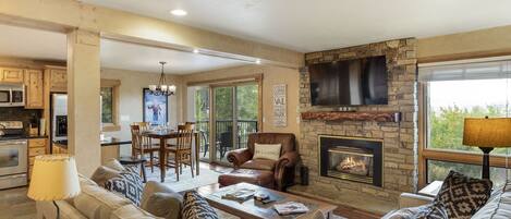 Smart TV, fireplace, books