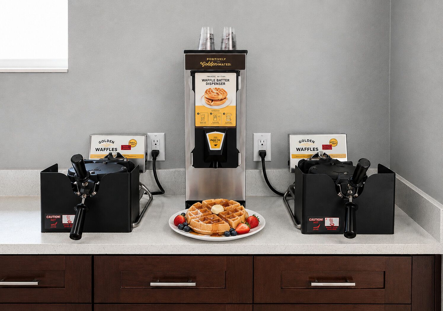 Una encimera de cocina con dos máquinas para hacer gofres y un dispensador de masa para gofres.