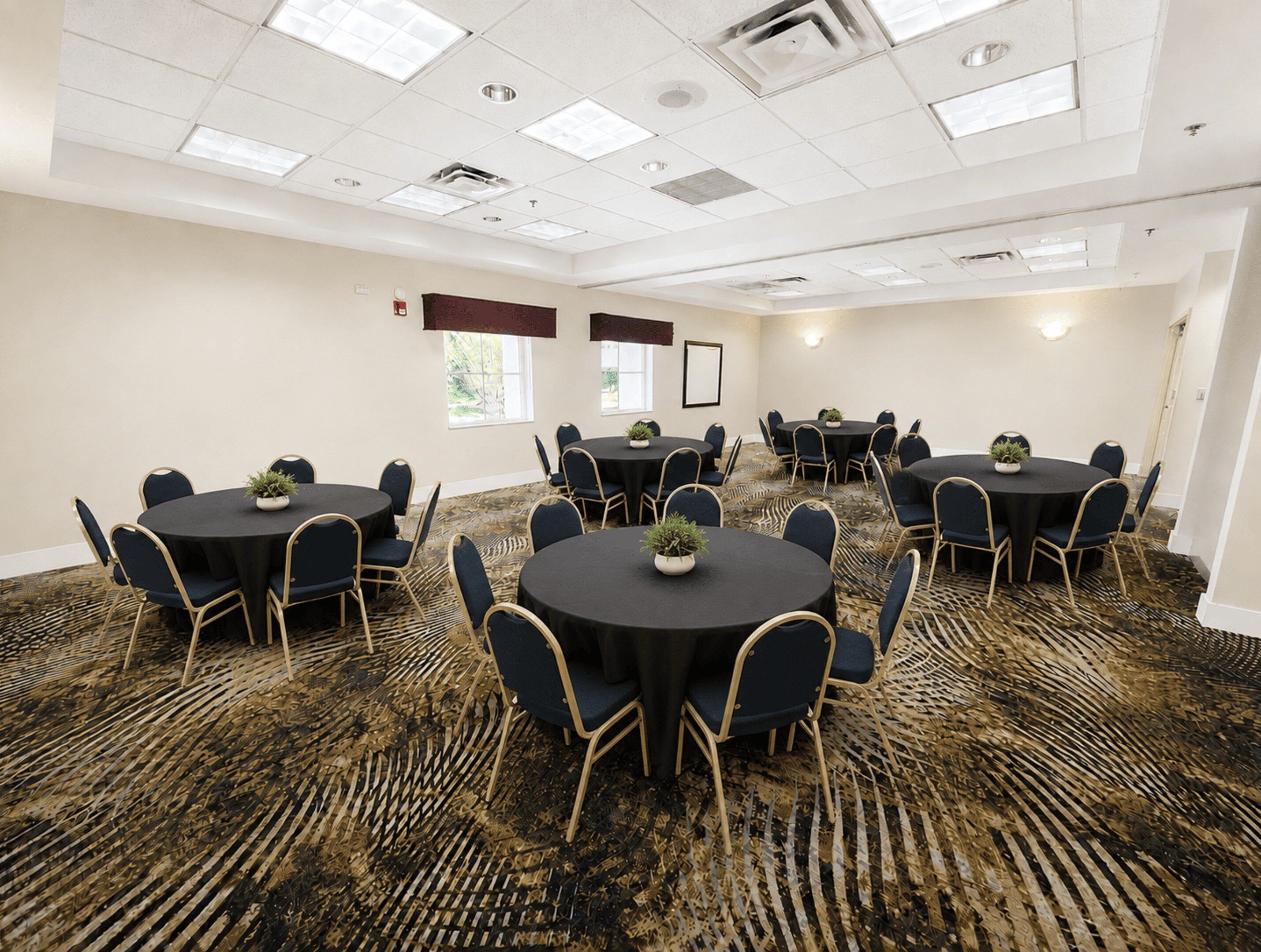 A conference room with multiple tables and chairs, carpeted flooring, and ceiling lights.