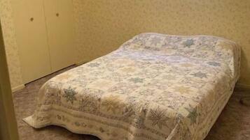 A bedroom with a bed, carpeted floor, a door, and a window with a curtain.