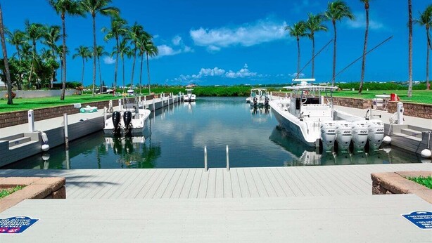 A marina with boats docked, surrounded by palm trees and a clear blue sky.