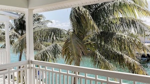 Blick auf einen Poolbereich mit Palmen und einer weißen Brüstung.