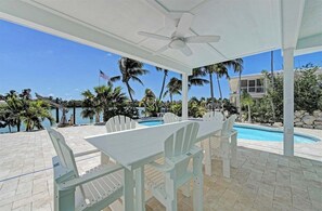 A covered outdoor area with a pool, white chairs, and a table.