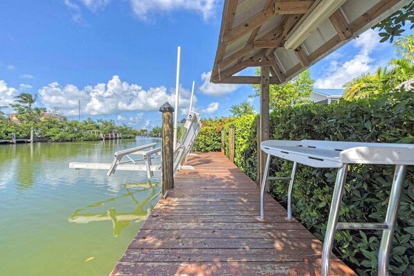 A wooden dock leading to a body of water, surrounded by lush greenery and a clear sky.