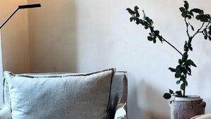 A grey armchair with a cushion, a potted plant, and a star-patterned floor. - Luxury hideaway in PDS - The Stonehouse Front Door (Saint-Jean-d'Aulps)