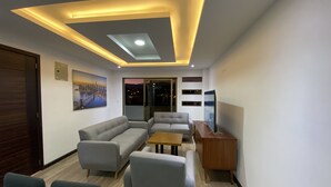 A modern living room with a sectional sofa, a TV, and a ceiling light fixture.