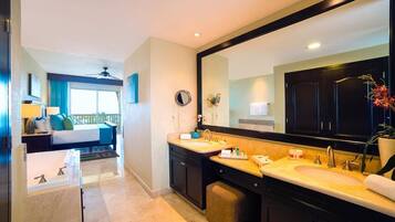 Bathtub, hair dryer, towels, soap