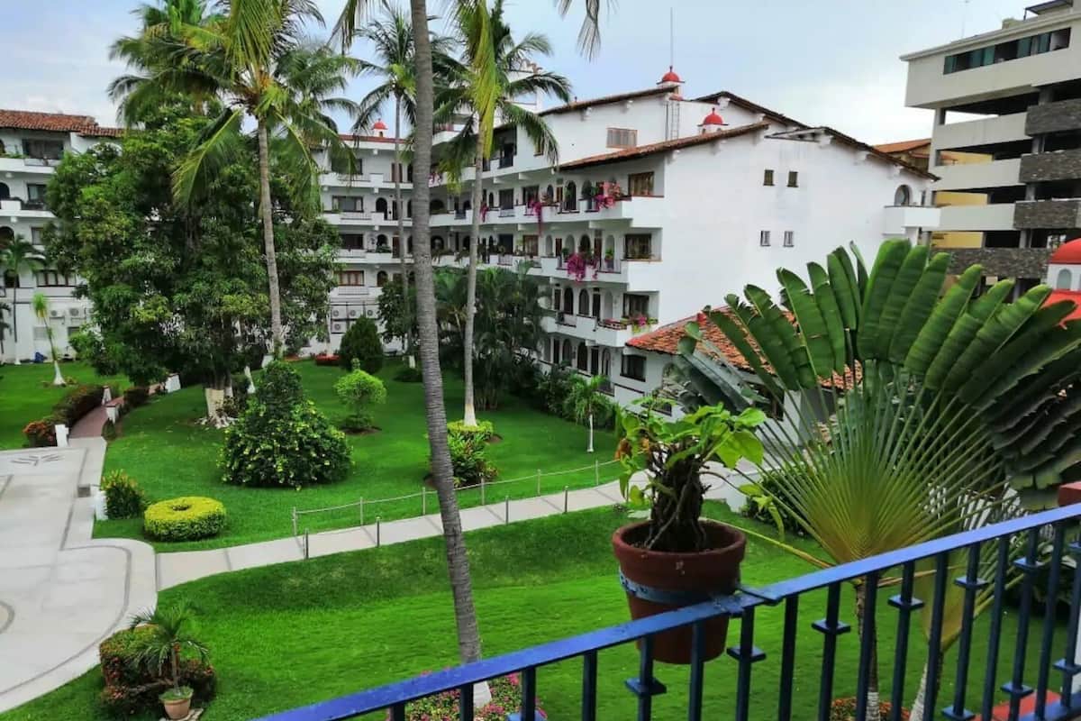 A courtyard with a well-maintained lawn, palm trees, and a variety of potted plants.