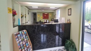 A reception area with a marble counter, a plant, and a display of brochures. - Ashland Studio Inn By OYO Richmond North near Kings Dominion (Ashland)
