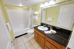 Combined shower/tub, hair dryer, towels - Large Oceanview, Boardwalk Central  Great Location (Myrtle Beach)