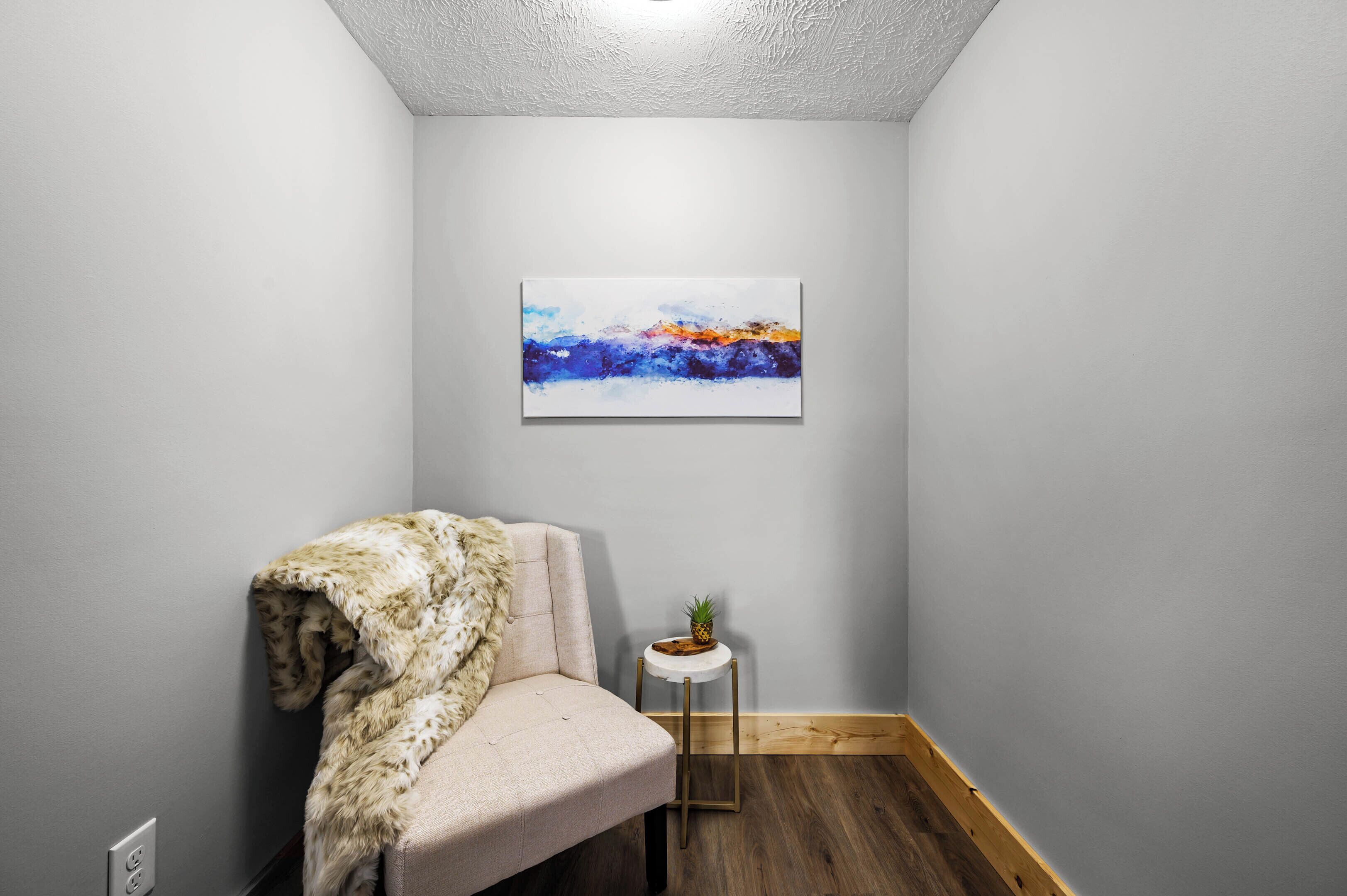 Quarto nos fundos com parede cinzenta, um quadro, uma mesinha redonda com uma planta e um cobertor de pele em uma cadeira.
