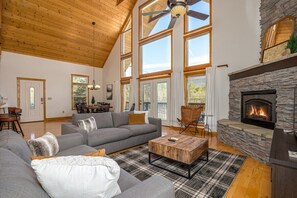 TV, fireplace, books, offices