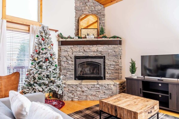 TV, fireplace, books, offices