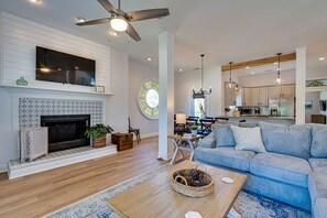 55-inch TV with digital channels, fireplace, streaming services