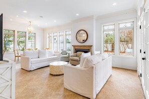 55-inch TV with digital channels, fireplace