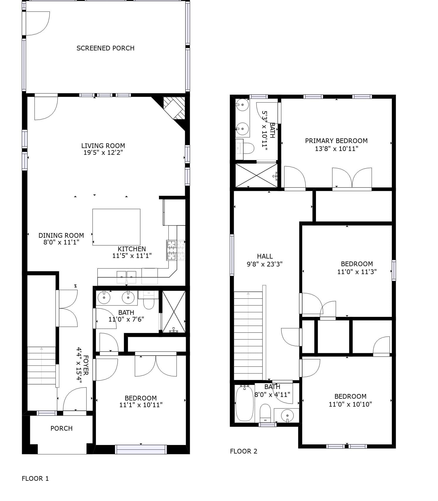 Plano de planta de una casa con dos dormitorios, sala de estar, comedor, cocina, baño, vestíbulo y porche cubierto.