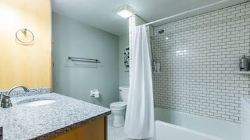 Hair dryer, towels, soap, shampoo
