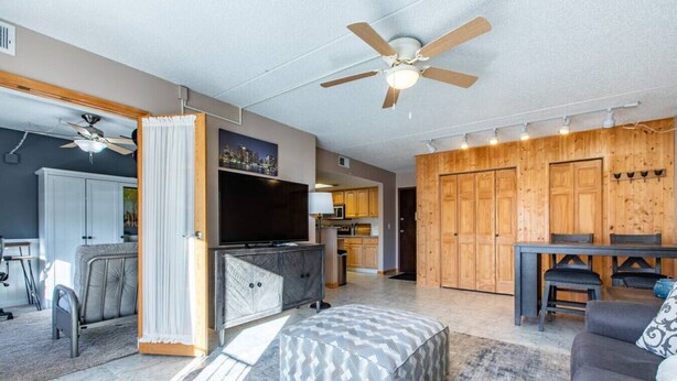A spacious living room with a large TV, a ceiling fan, and a dining area with wooden cabinets. - Comfy 1 bed/1 bath - 6 blocks from Mayo (Rochester)