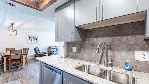 A modern kitchen with stainless steel appliances, a double sink, and a dining area with a wooden table and chairs. - Modern, Rustic 2 Bed/1 bath 6 blocks from Mayo (Rochester)