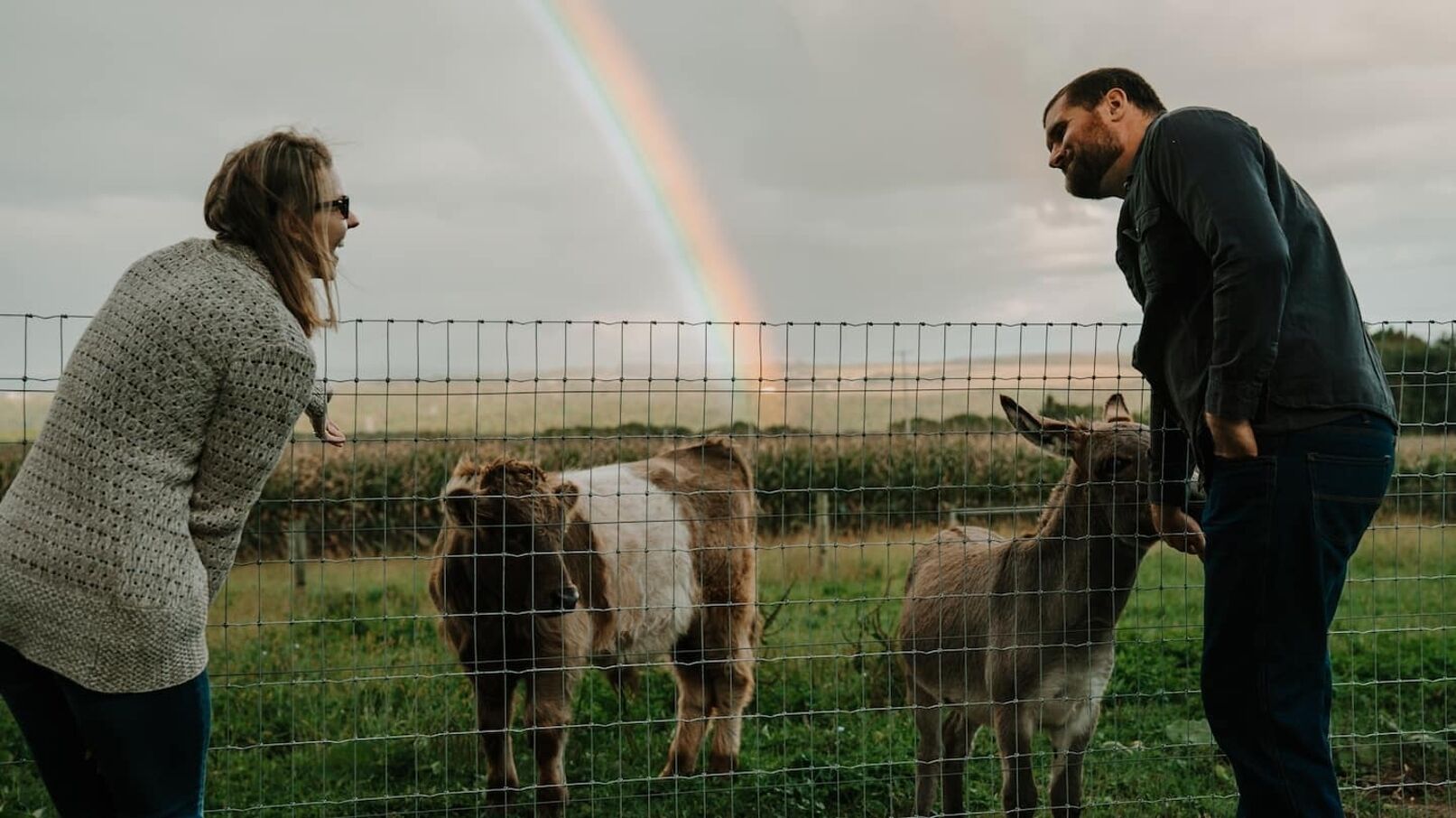 Une personne interagissant avec une chèvre derrière une clôture en fil de fer, avec un arc-en-ciel en arrière-plan.
